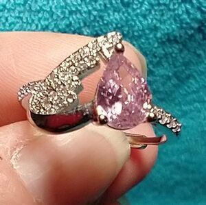 Silvertone pink crystal tear drop ring